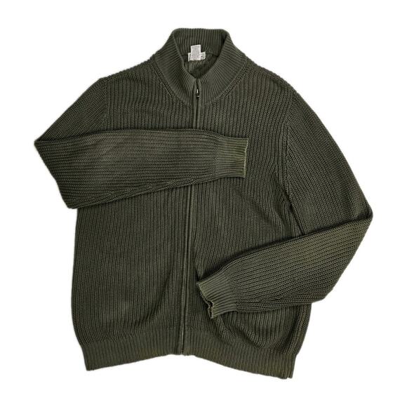 LL Bean Knitted Sweater Men's Size Large Green Zip Up Cotton Heavy Winter - Picture 1 of 7